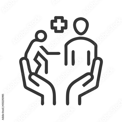 Hands offering geriatric care with patient and caregiver icon and medical symbol on white background