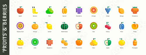 Colorfull flat modern fruits and berries icon set. Vector symbol including apple, pear, orange, kiwi, cherry, banana, lemon, grape, plum, watermelon, mango and other