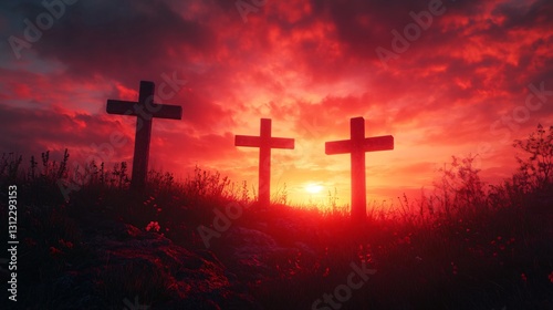 Three crosses at sunset
