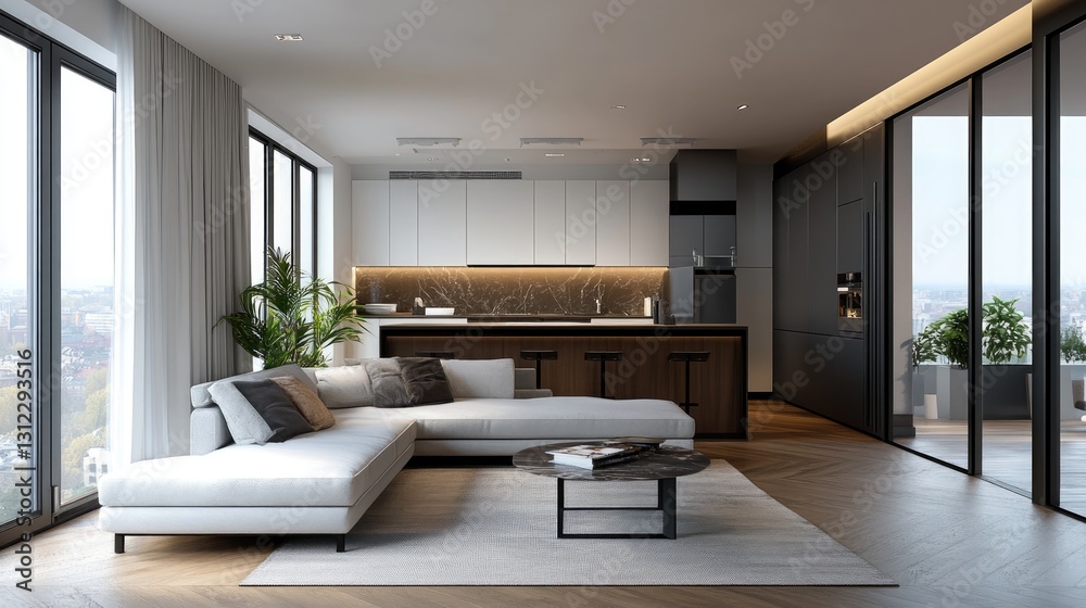 Fototapeta premium Modern Open-Plan Living Space with City Views
