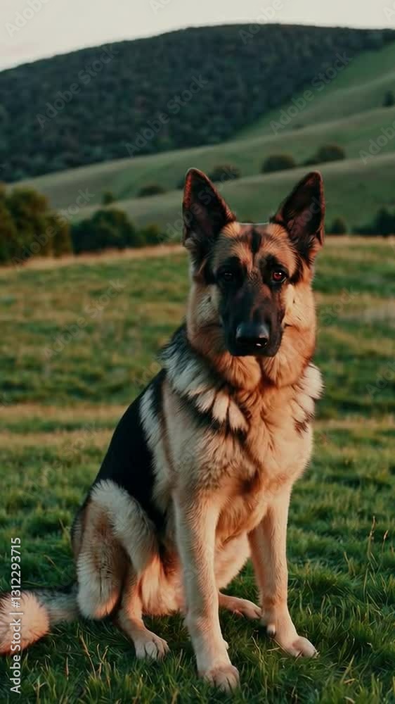 German shepherd relaxing in scenic countryside at sunset German shepherd relaxing in scenic countryside at sunset