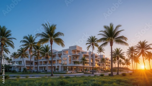 Modern Resort Hotel Surrounded By Tall Palm Trees Under A Vibrant Sunset Sky