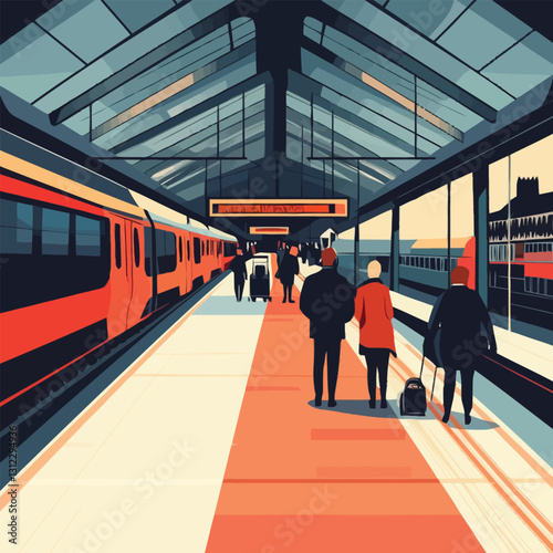 A flat 2D vector of a busy train station with people waiting.