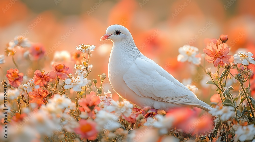 a beautiful white dove nestled among colorful flowers creating a peaceful scene a beautiful white dove nestled among colorful flowers creating a peaceful scene