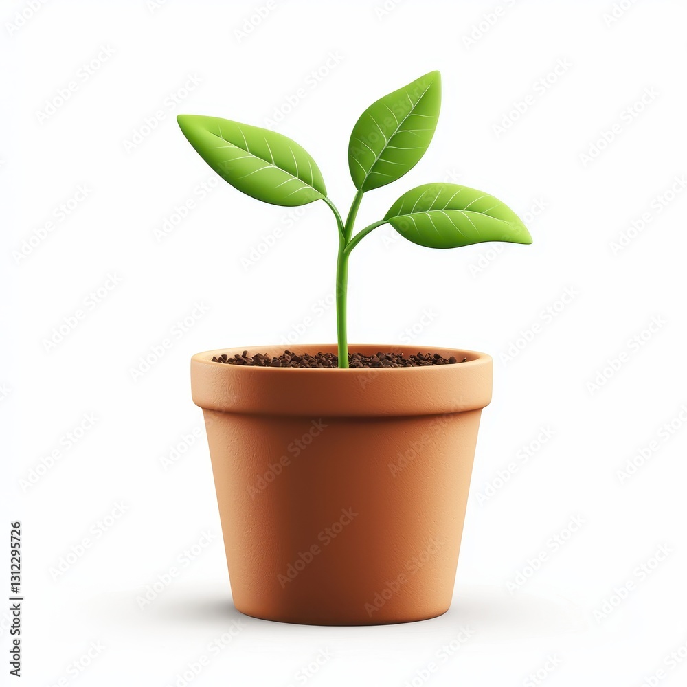 Realistic 3D Icon Cartoon of a Simple Clay Flower Pot with Green Sprout isolated on clear white background Realistic 3D Icon Cartoon of a Simple Clay Flower Pot with Green Sprout isolated on clear white background