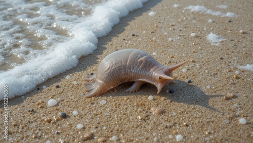 Slug On Sandy Beach Shoreline With Gentle Ocean Waves Lapping In Bright Sunshine photo