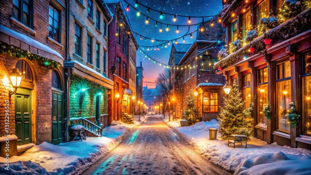 Obraz premium Festive Snow-Covered City Street at Night, Urban Exploration Photography, Illuminated Winter Wonderland