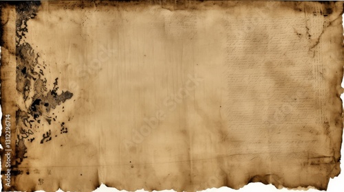 An ancient, ink-stained piece of paper with extensive dark blotches and heavily frayed edges