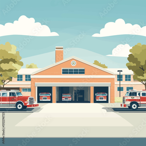  A flat 2D vector of a fire station with red fire trucks outside.