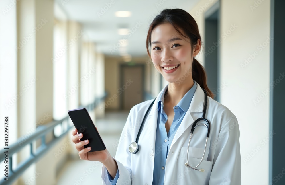 Asian female doctor in white coat smiles, holds cellphone in hand. Serene, friendly woman wearing stethoscope, pro uniform in clinic. Medical staff, healthcare pro, tele medicine, online Asian female doctor in white coat smiles, holds cellphone in hand. Serene, friendly woman wearing stethoscope, pro uniform in clinic. Medical staff, healthcare pro, tele medicine, online