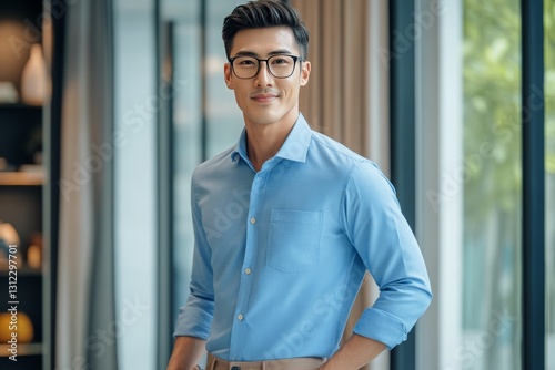 Wallpaper Mural Confident Young Man in Blue Shirt and Eyeglasses Posing in Stylish Indoor Workspace Torontodigital.ca