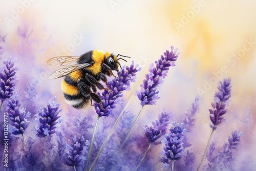 Fototapeta Naklejka Na Ścianę i Meble -  A soft watercolor painting of a bumblebee pollinating lavender flowers, with gentle blends of purple and yellow hues creating a serene atmosphere
