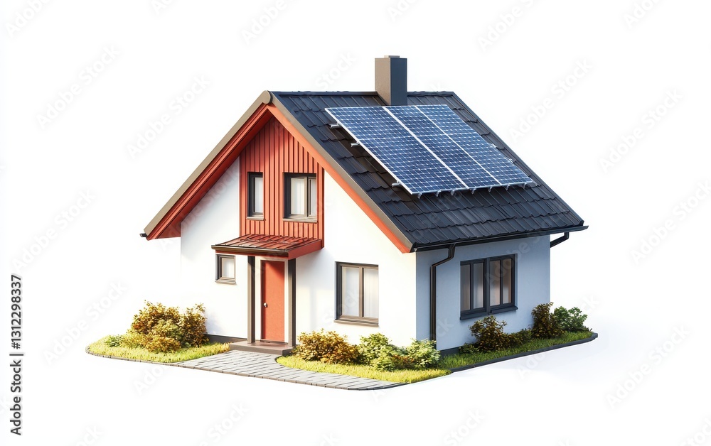 Single Scandinavian-style house with solar panels and modern geometric design, isolated on a white background Single Scandinavian-style house with solar panels and modern geometric design, isolated on a white background