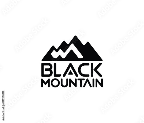 Simple black and white mountain and forest silhouette graphic.