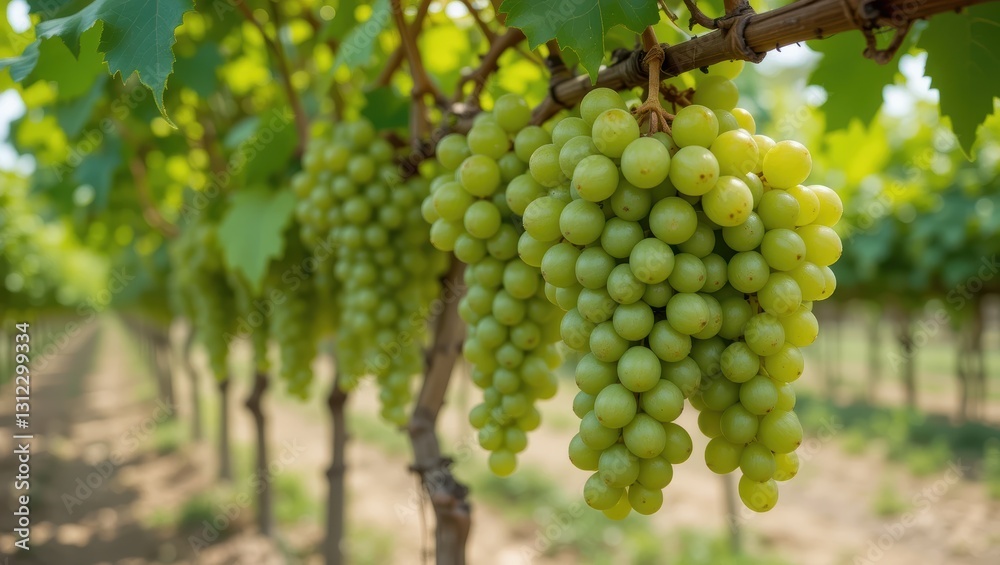 Vibrant Green Grapes Hanging from Vines in a Sunlit Vineyard During Summer Vibrant Green Grapes Hanging from Vines in a Sunlit Vineyard During Summer