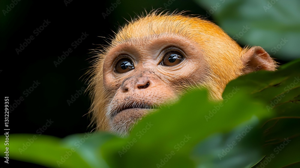 Fototapeta premium Closeup Portrait of a Young Golden Monkey Among Lush Green Leaves