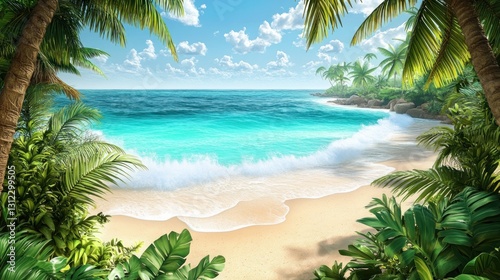 A beautiful tropical beach scene with lush greenery and ocean views