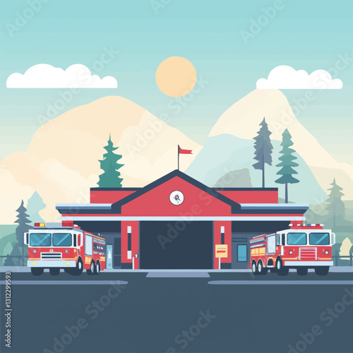  A flat 2D vector of a fire station with red fire trucks outside.