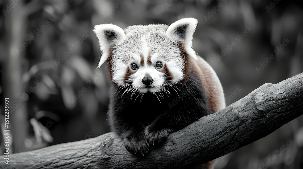 Obraz premium Red Panda on Tree Branch in Monochrome Setting