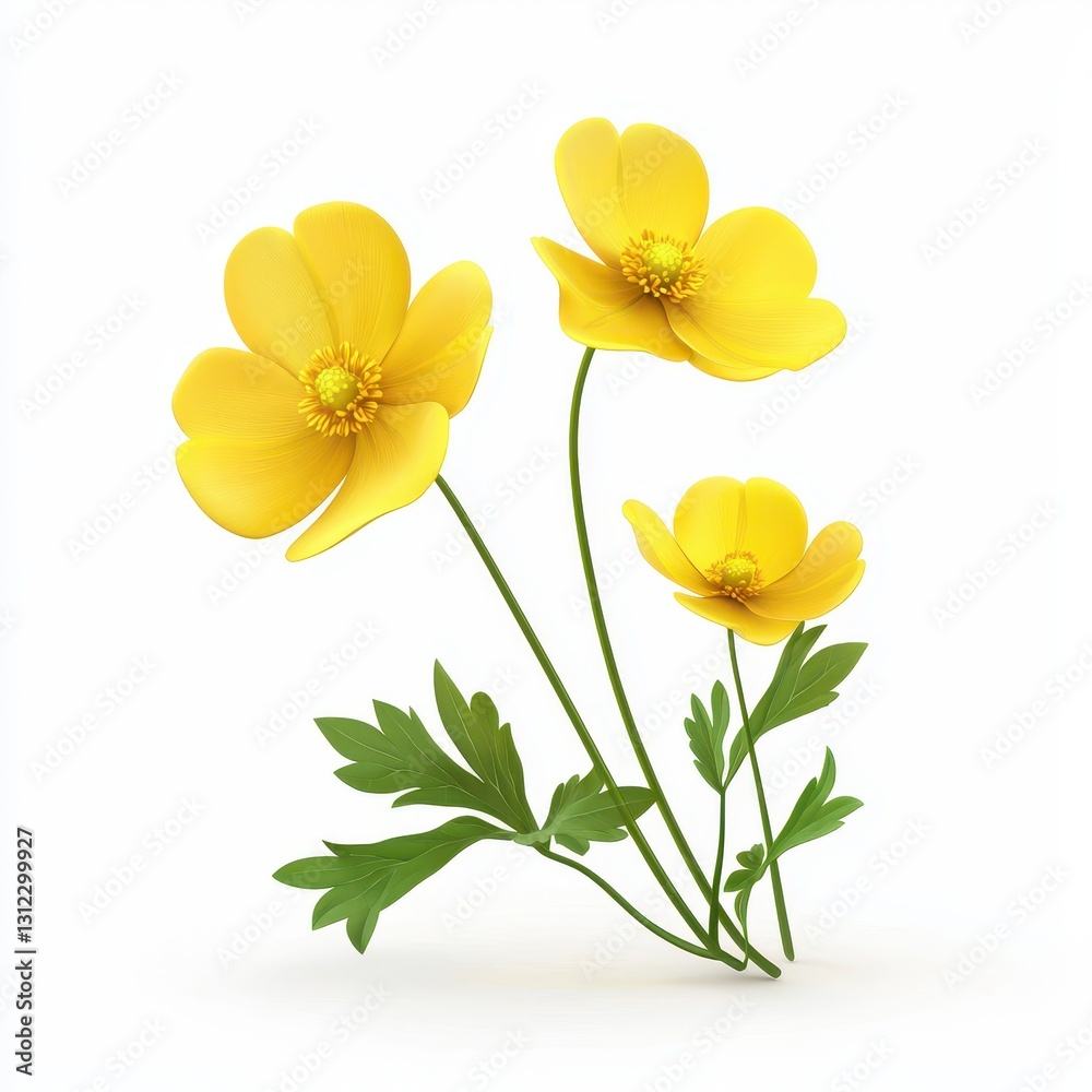 Realistic 3D Icon Cartoon of a Small Cluster of Buttercup Flowers isolated on clear white background Realistic 3D Icon Cartoon of a Small Cluster of Buttercup Flowers isolated on clear white background