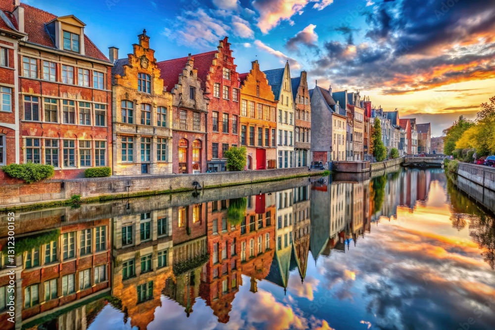 Fototapeta premium Ghent Canal Houses, Double Exposure Photography, Belgian Architecture, Brick Buildings, Unique Facades