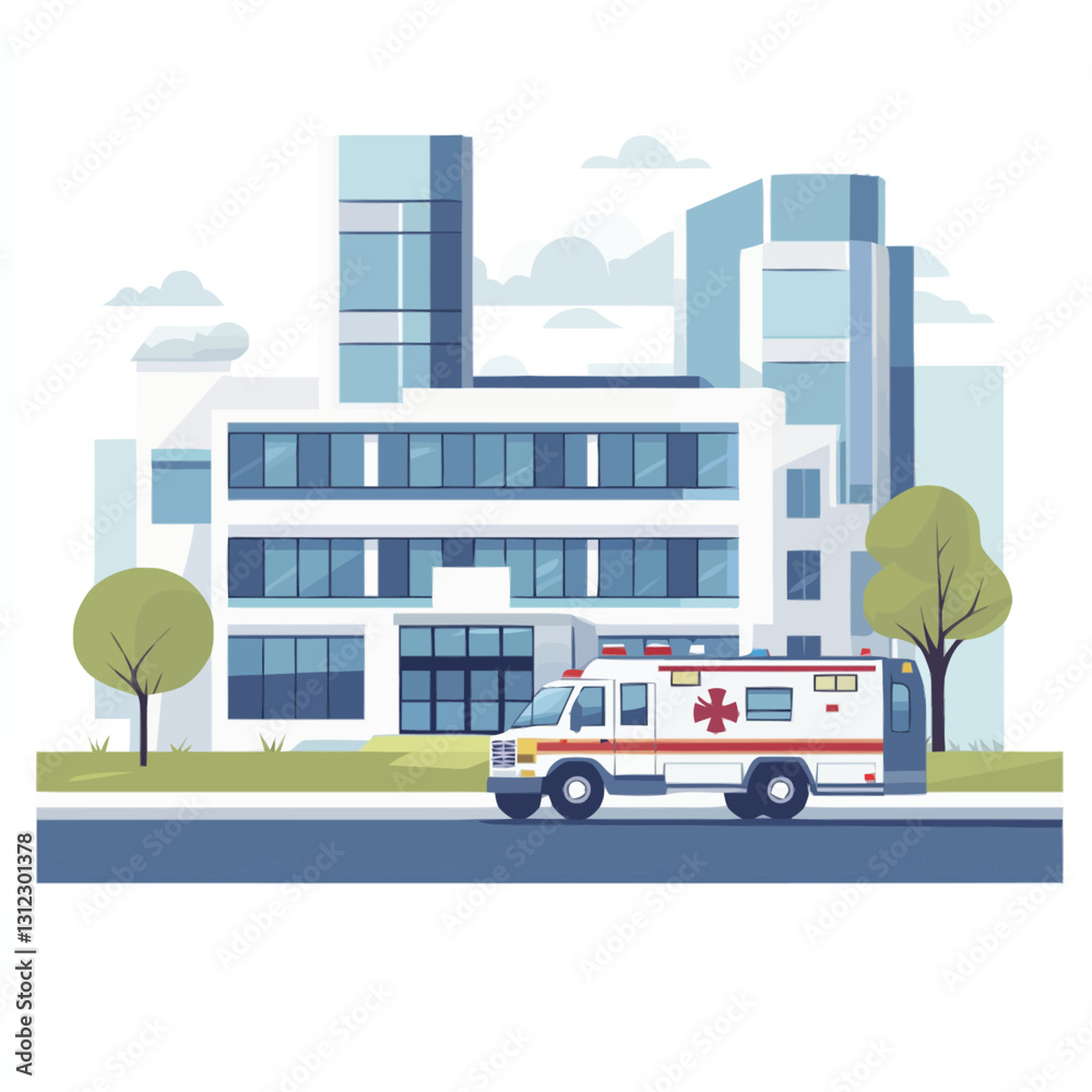 A flat 2D vector of a hospital building with an ambulance parked outside. A flat 2D vector of a hospital building with an ambulance parked outside.