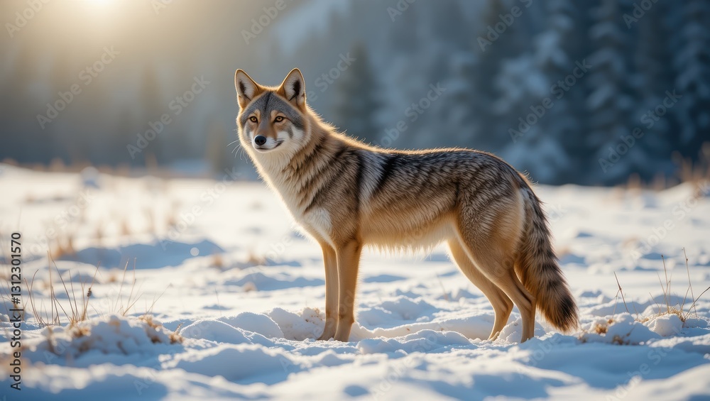 Fototapeta premium Coyote Standing Gracefully in a Snowy Landscape with Sunlight Filtering Through Forest