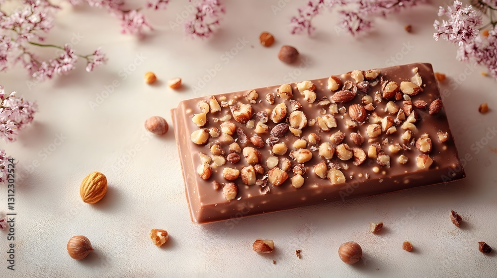 Indulge in a Tempting Chocolate Bar Infused with Crunchy Nuts Against a Soft Pastel Background