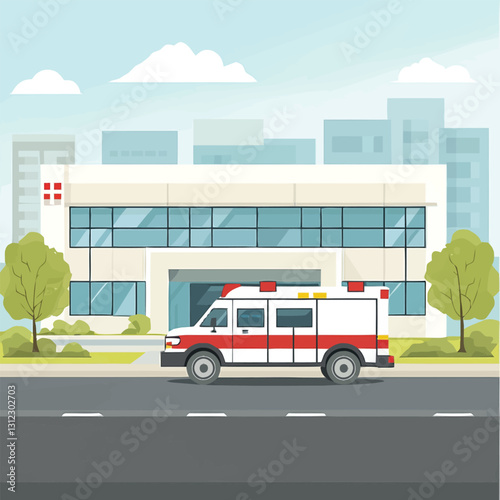 A flat 2D vector of a hospital building with an ambulance parked outside.