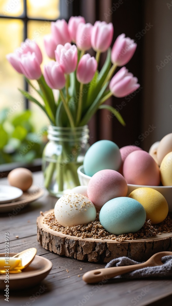 Easter eggs with flowers on table Easter eggs with flowers on table
