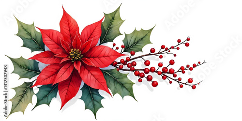 isolated poinsettia plant illustration on white background. christmas star flower, Christmas poinsettia red flowers in a floral wave isolated on white
