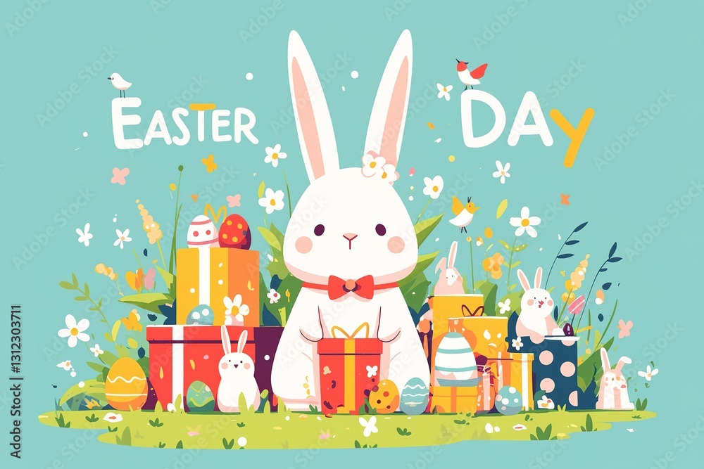 Fototapeta premium Cute Easter illustration with large white rabbit, small rabbits, colorful decorated eggs, gifts and flowers under “Easter Day” text. Festive Easter celebration scene.