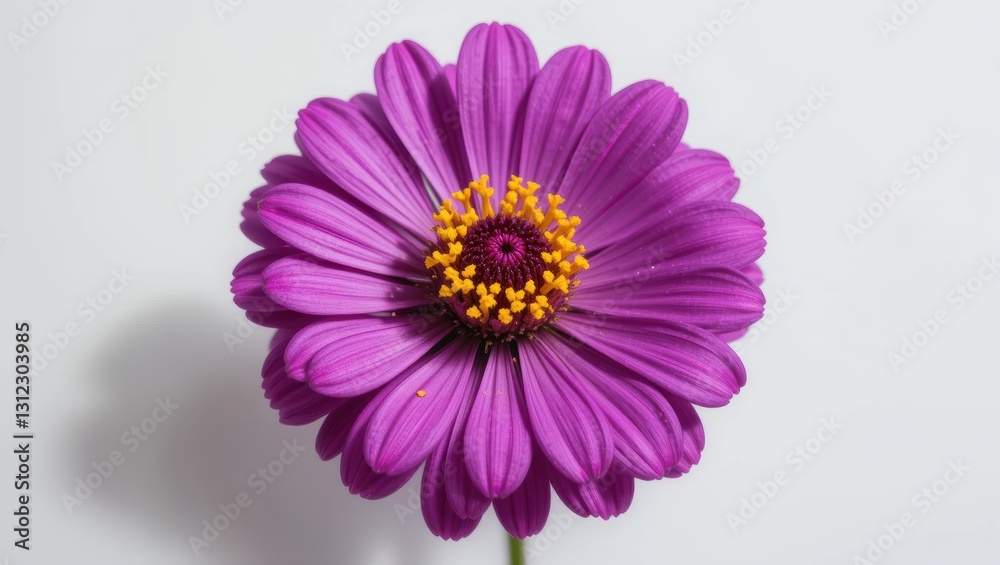 Closeup of a Vibrant Purple Flower with Detailed Petals and Yellow Center on a White Background Closeup of a Vibrant Purple Flower with Detailed Petals and Yellow Center on a White Background
