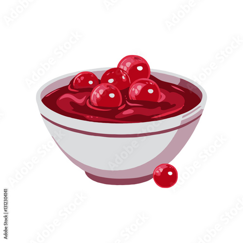 Bowl of vibrant red cranberry sauce topped with glossy cherries in a minimalist art style on a white background, concept of dessert