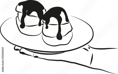Une illustration d'une main tenant une assiette avec des profiteroles pâtisserie française