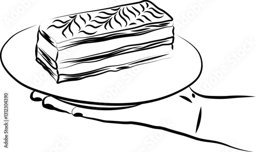Une illustration d'une main tenant une assiette avec un mille-feuille pâtisserie française