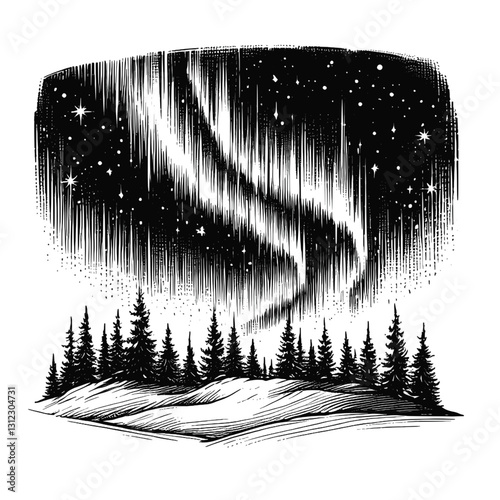 Line art drawing of aurora nature landscape ink sketch vector hand drawn illustration background, whispers of the polar sky