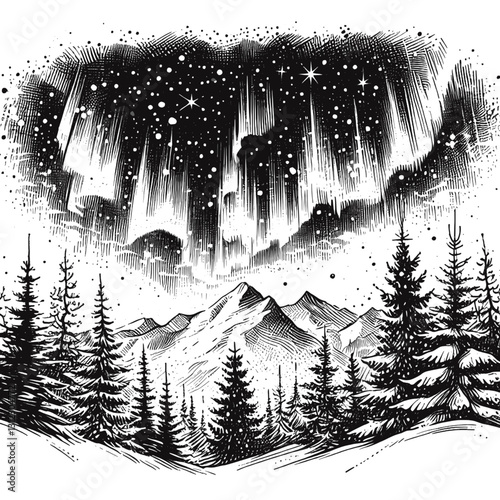 Line art drawing of aurora nature landscape ink sketch vector hand drawn illustration background, the northern symphony in light