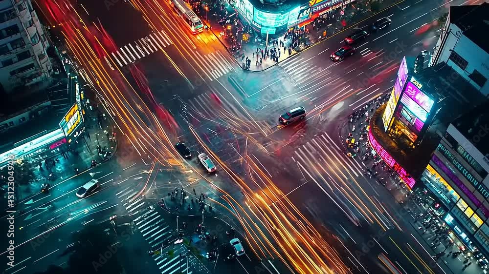 Aerial view of a bustling city intersection at night with vibrant traffic lights and pedestrians