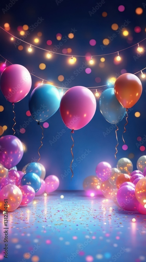 Colorful balloons and festive lights create a joyful atmosphere for a celebration or party setup indoors Colorful balloons and festive lights create a joyful atmosphere for a celebration or party setup indoors