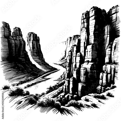 Line art drawing of canyon nature landscape ink sketch vector hand drawn illustration background, echoes of the abyss: the grand canyon's majesty