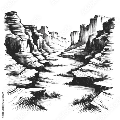 Line art drawing of canyon nature landscape ink sketch vector hand drawn illustration background, carved by time: the depths of nature's artistry