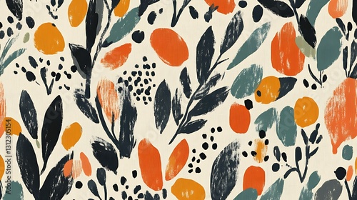 Abstract floral pattern with orange and teal brush strokes on a cream background