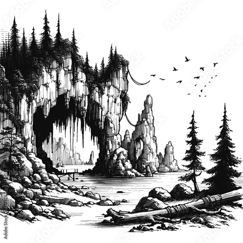 Line art drawing of cave nature landscape ink sketch vector hand drawn illustration background, the cave's enigmatic embrace