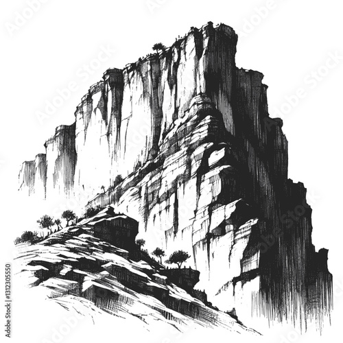 Line art drawing of cliff nature landscape ink sketch vector hand drawn illustration background, standing on the brink