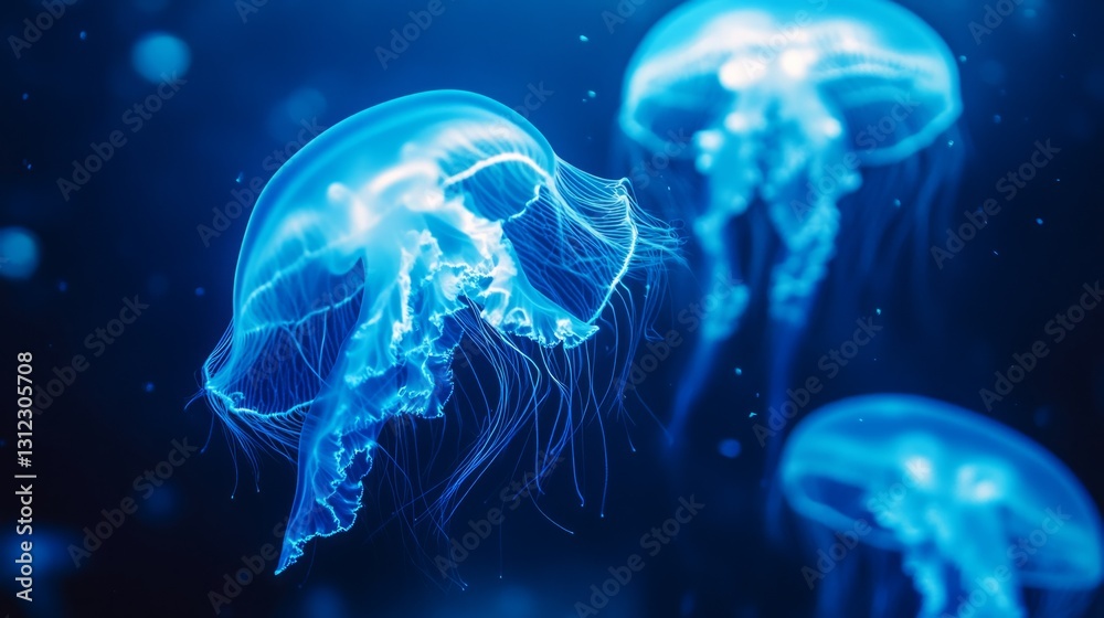 Obraz premium Abstract jellyfish glowing on a deep blue ocean background generative ai