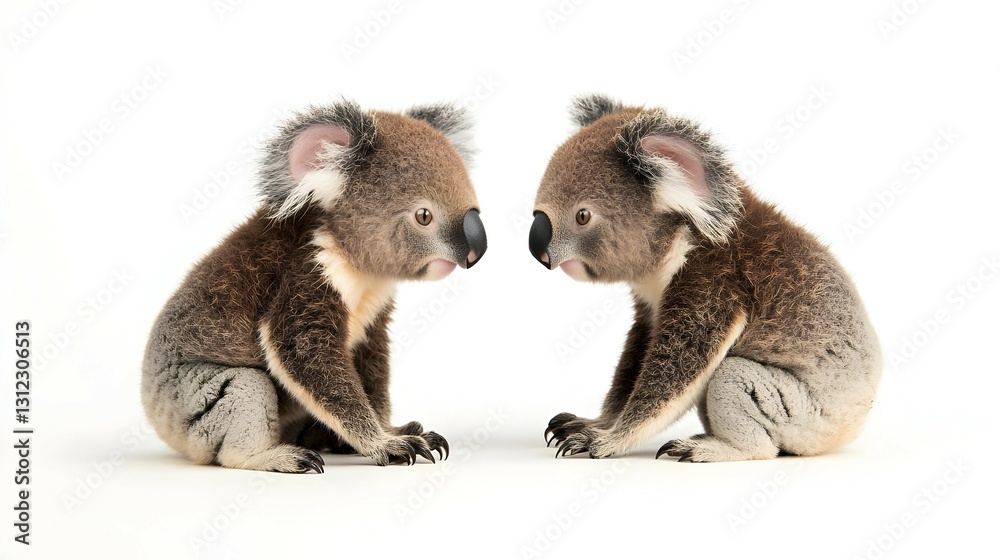 Naklejka premium Two Baby Koalas Facing Each Other on White Background