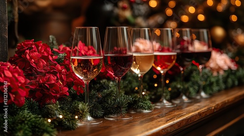 a festive display featuring a row of wine glasses filled with red and white wine inviting guests to partake in the celebration