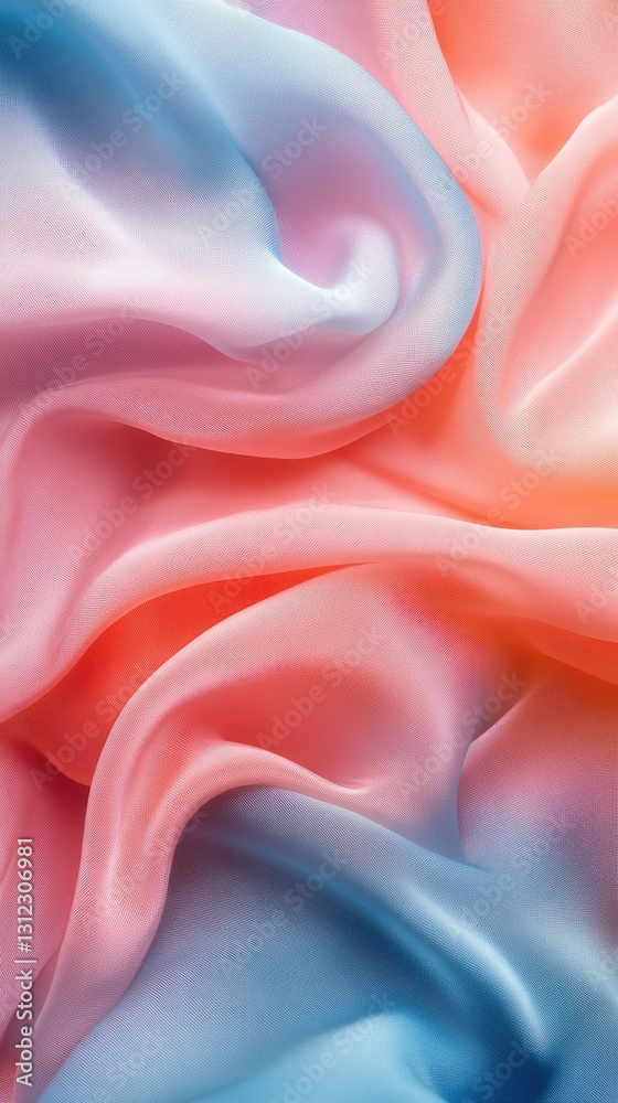 Beautifully draped silk fabric in soft pastel shades of blue and coral creating a calming visual harmony Beautifully draped silk fabric in soft pastel shades of blue and coral creating a calming visual harmony