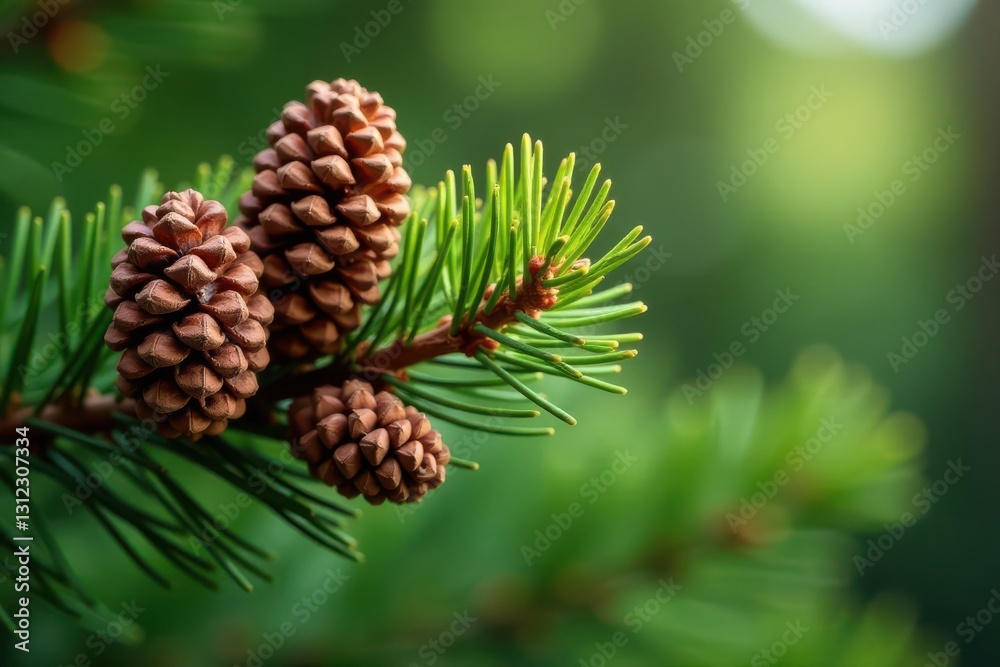 Closed lodgepole pine cones on branch, green needles , detail, wildlife Closed lodgepole pine cones on branch, green needles , detail, wildlife